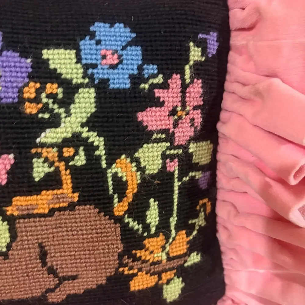 Grandmillennial Dachshund Needlepoint Accent Pillow Pink Velvet Ruffle Handmade